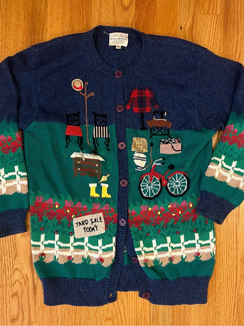 Vintage Blue Green Susan Bristol Medium Novelty Yard Sale Knit Cardigan